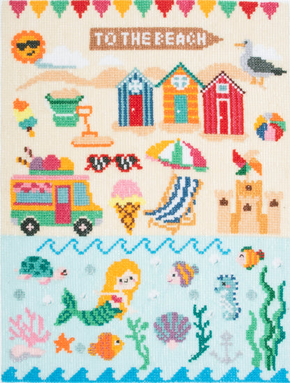 Trimits Seaside cross stitch kit packaging showing the finished design