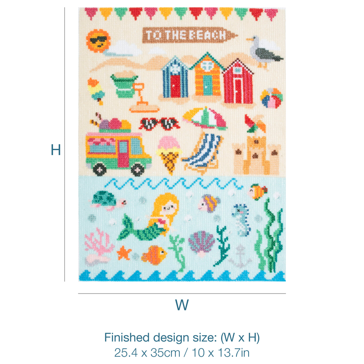 Trimits Seaside cross stitch kit packaging showing the finished design