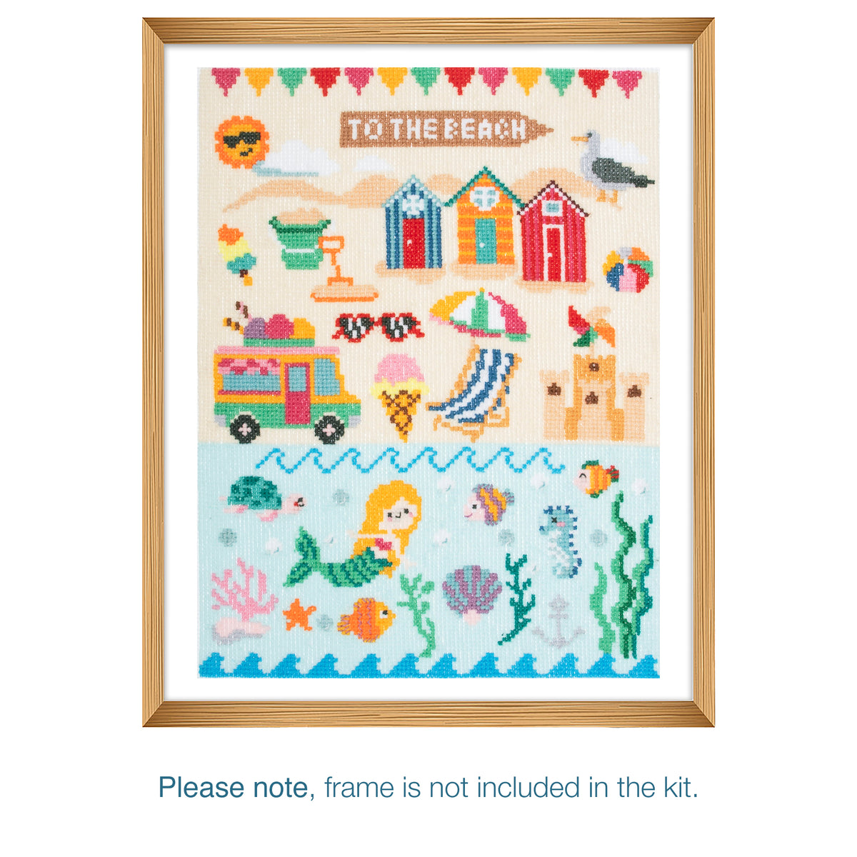 Trimits Seaside cross stitch kit packaging showing the finished design