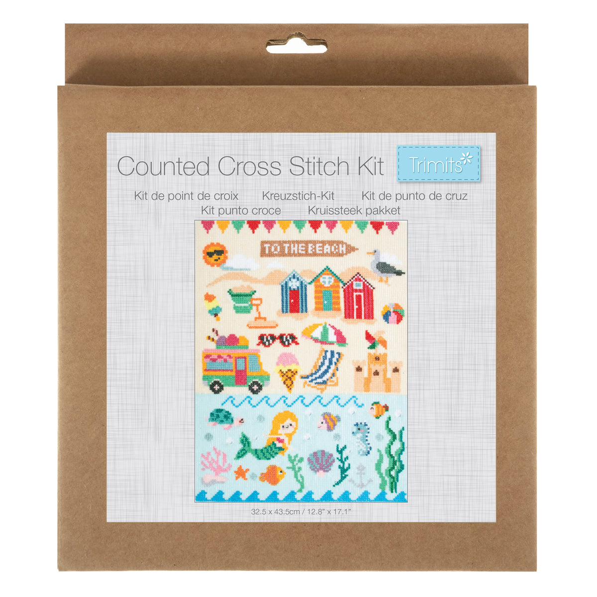 Trimits Seaside cross stitch kit packaging showing the finished design