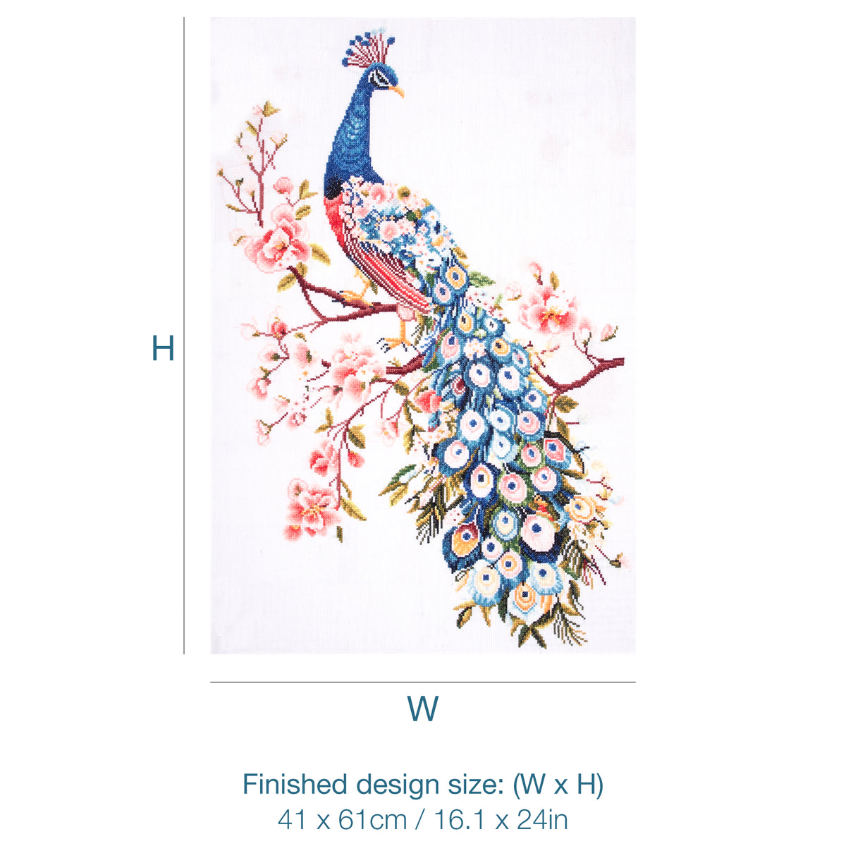 Trimits Peacock cross stitch kit packaging showing the finished design