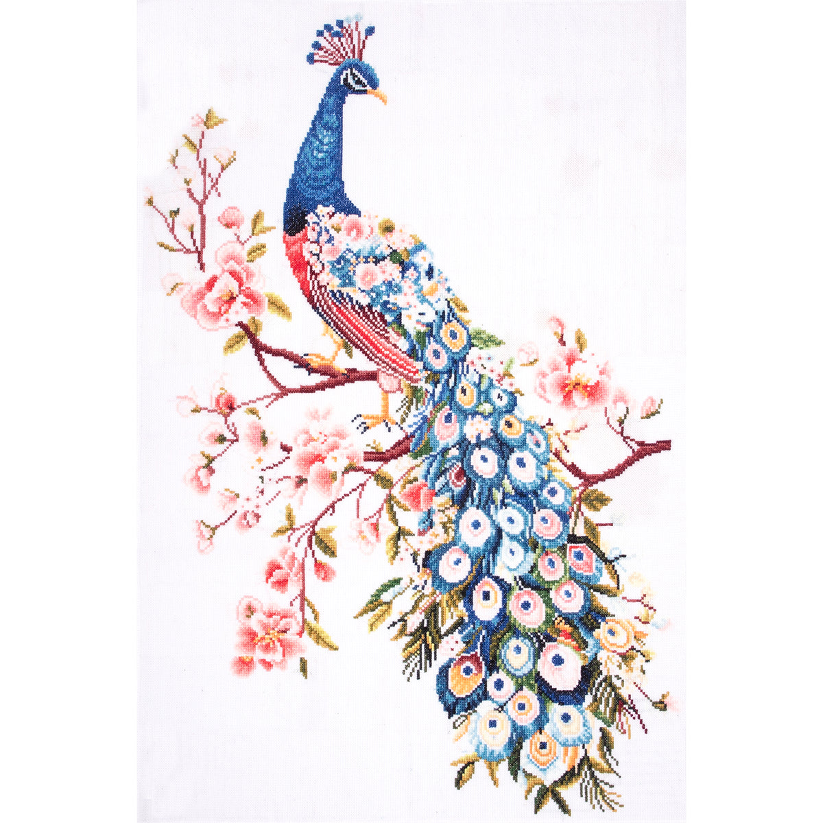 Trimits Peacock cross stitch kit packaging showing the finished design