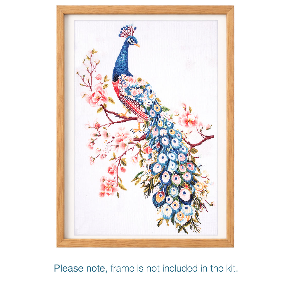 Trimits Peacock cross stitch kit packaging showing the finished design