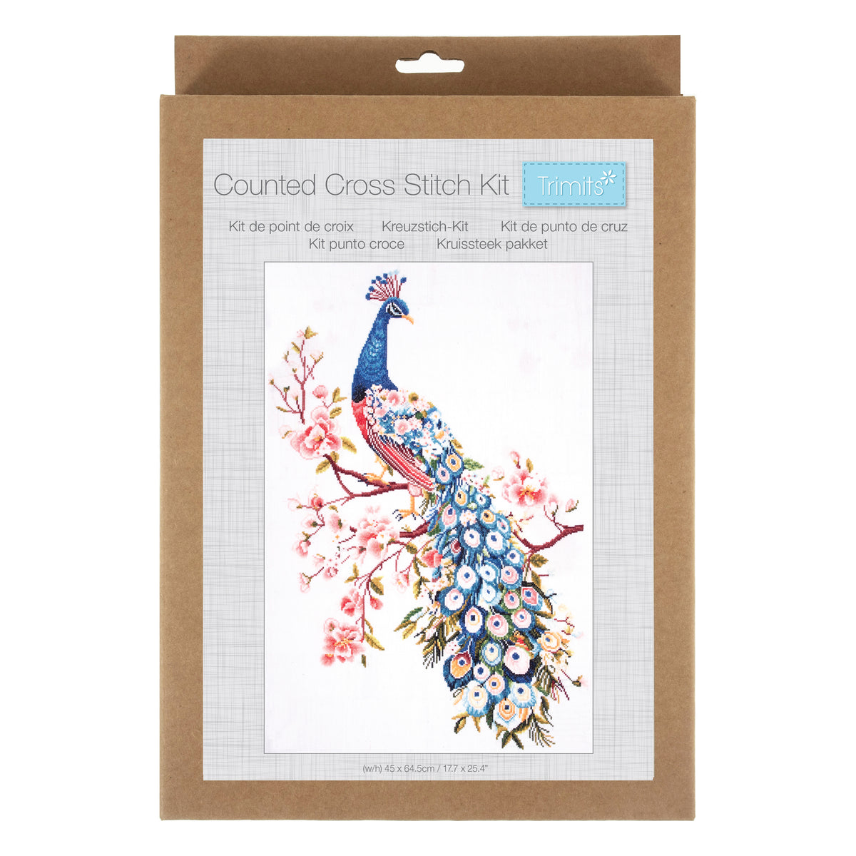 Trimits Peacock cross stitch kit packaging showing the finished design
