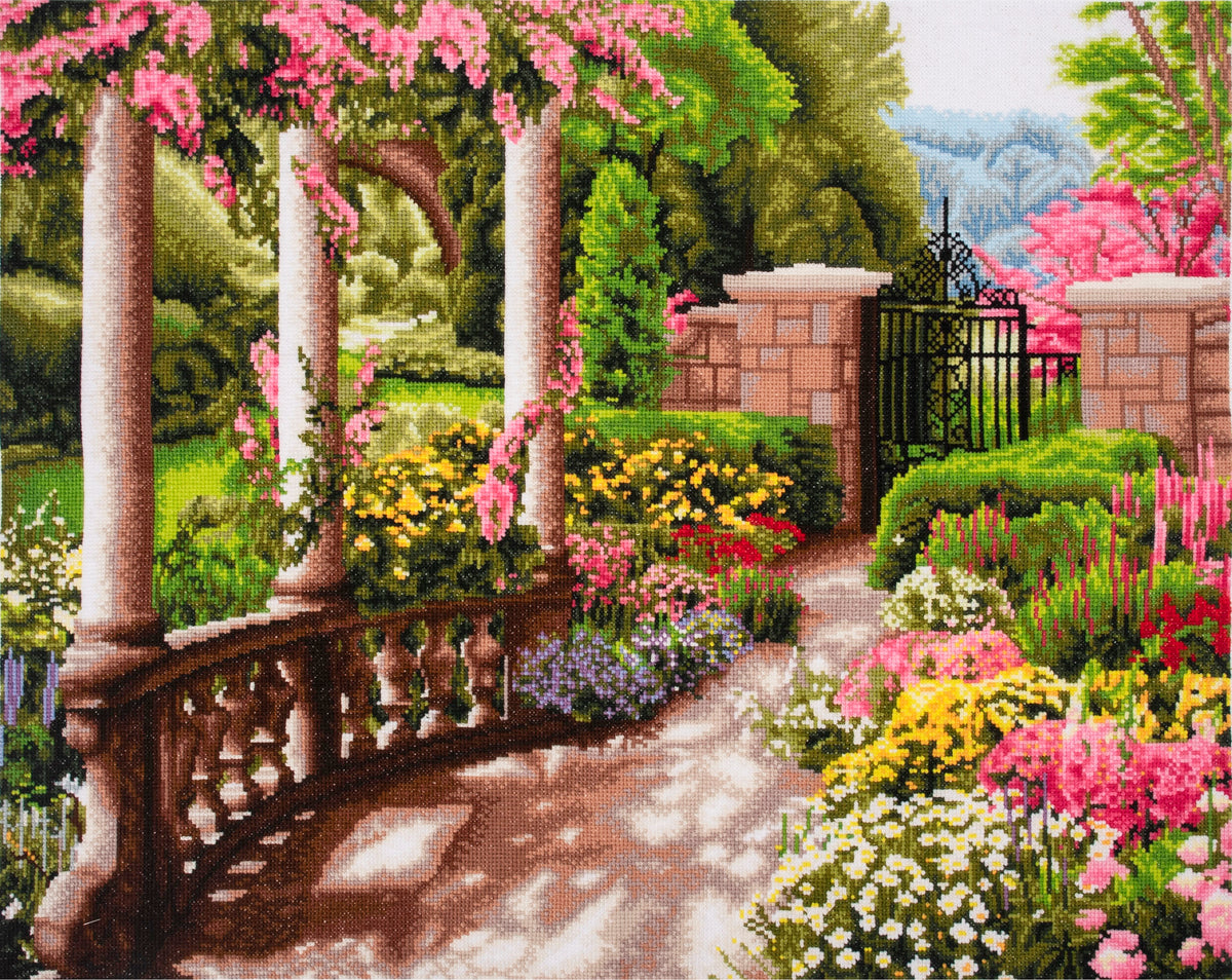 Trimits Peace Garden cross stitch kit packaging showing the finished design