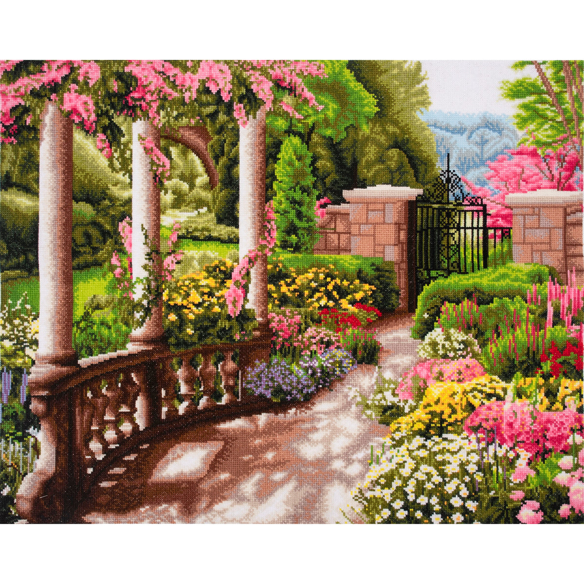 Trimits Peace Garden cross stitch kit packaging showing the finished design