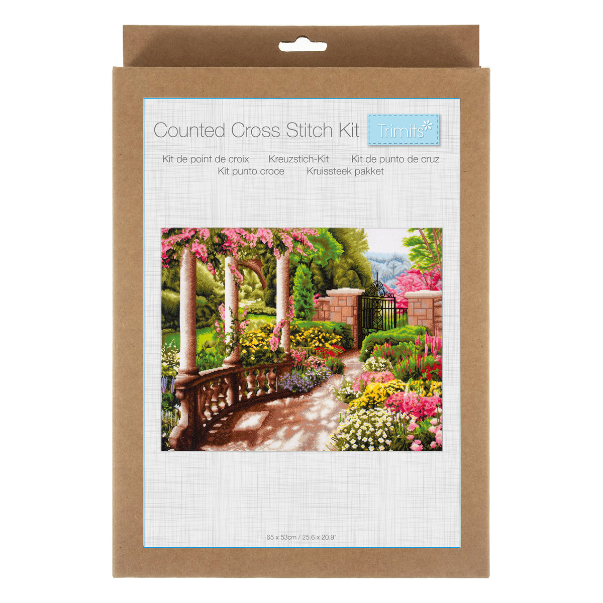 Trimits Peace Garden cross stitch kit packaging showing the finished design