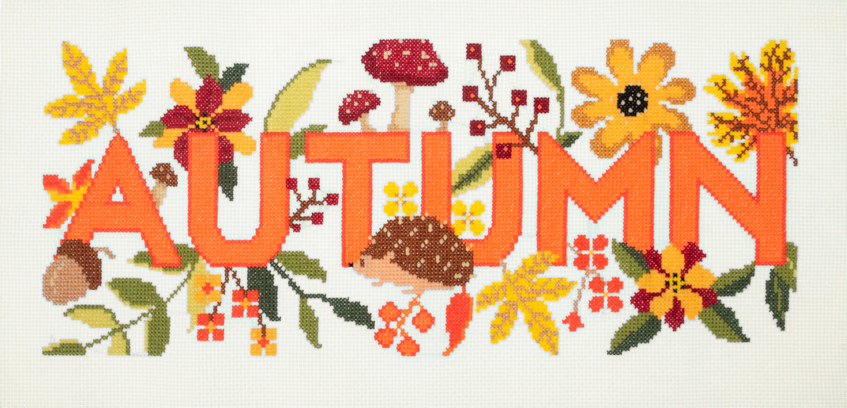 Trimits Autumn cross stitch kit packaging showing the finished design