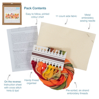 Trimits Autumn cross stitch kit packaging showing the finished design