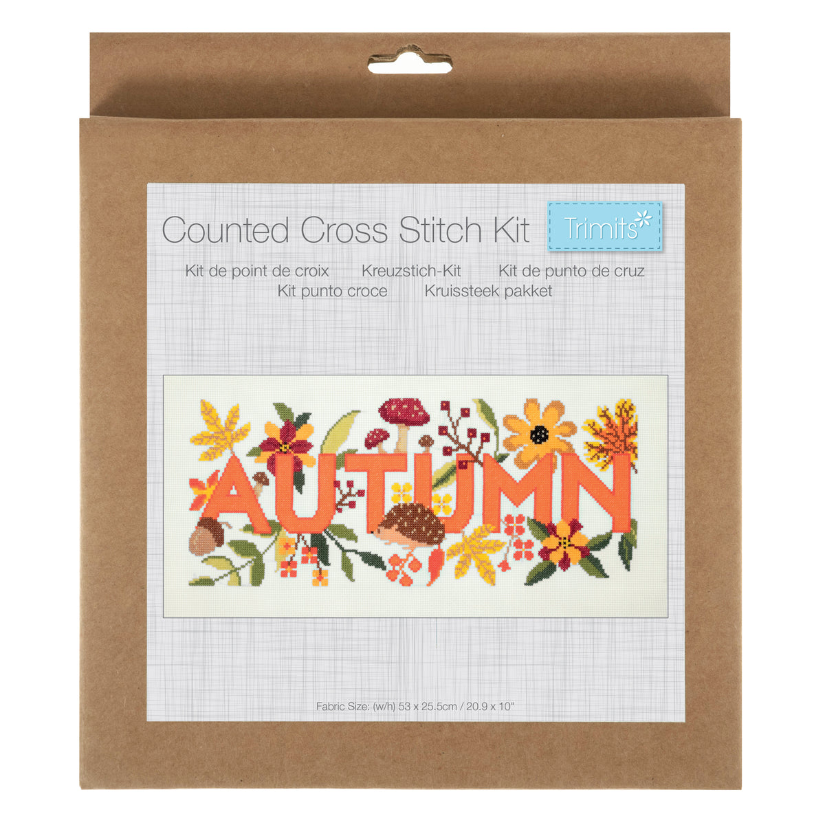 Trimits Autumn cross stitch kit packaging showing the finished design