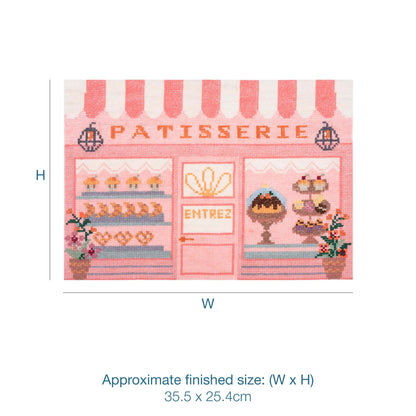 Trimits Patisserie cross stitch kit packaging showing the finished design