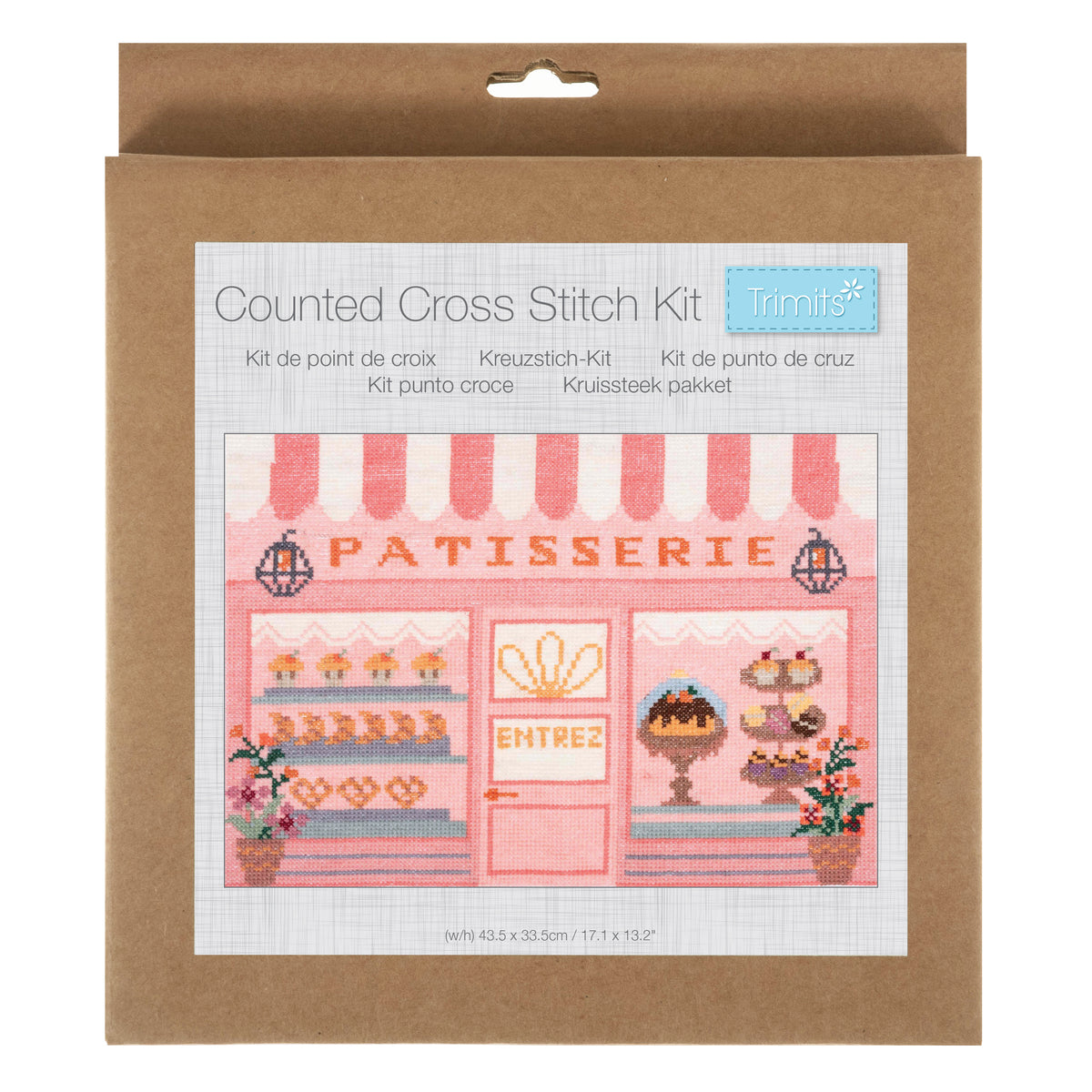 Trimits Patisserie cross stitch kit packaging showing the finished design