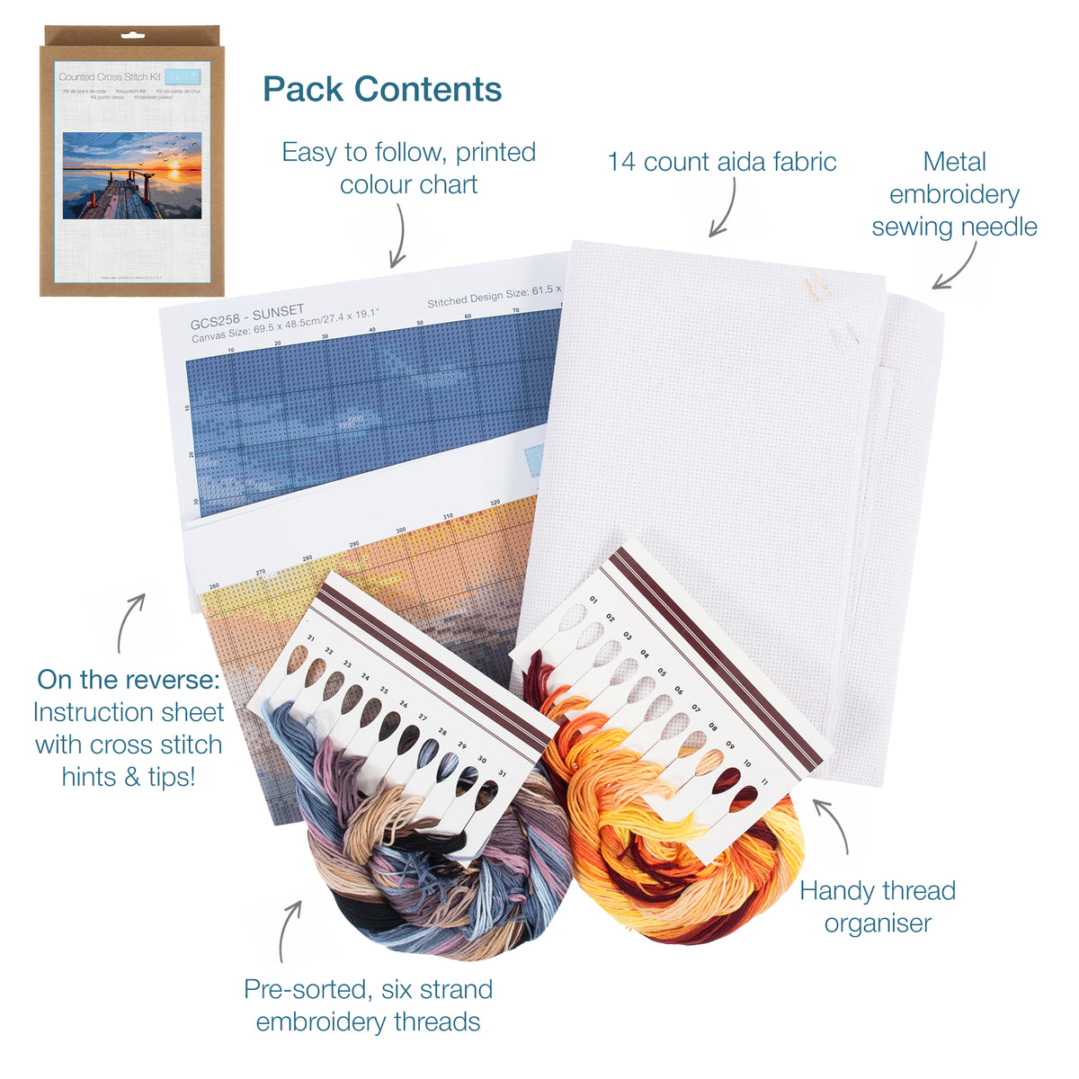 Trimits Sunset cross stitch kit packaging showing the finished design