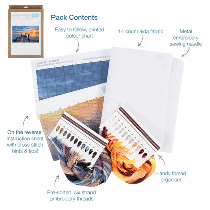 Trimits Sunset cross stitch kit packaging showing the finished design