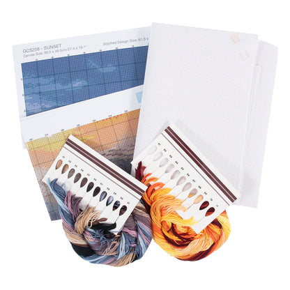 Trimits Sunset cross stitch kit packaging showing the finished design