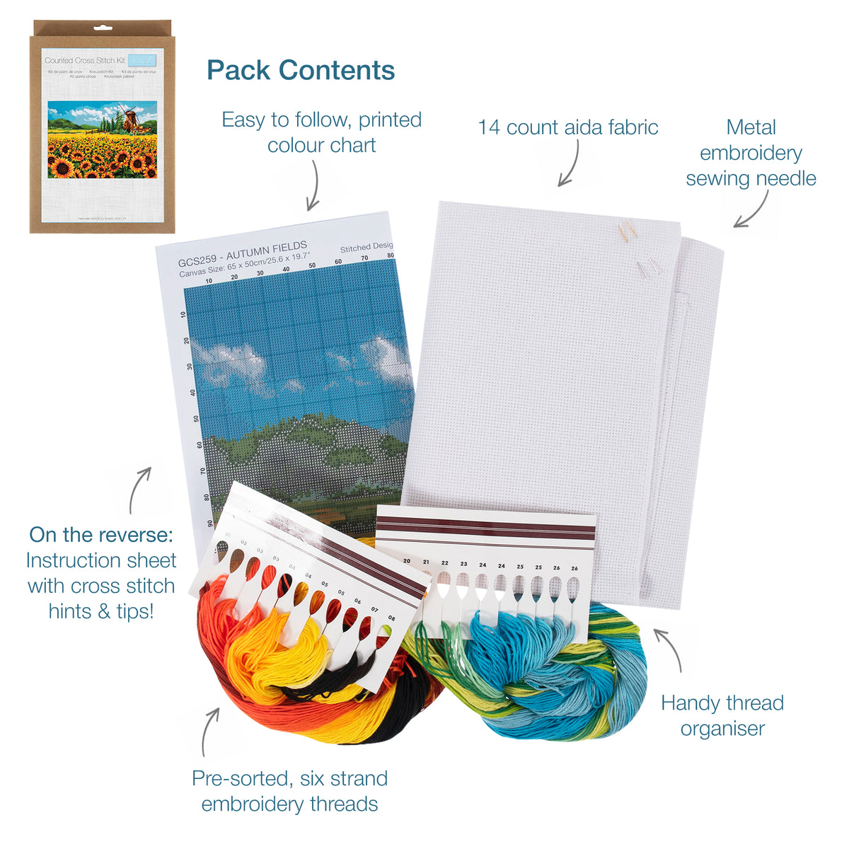 Trimits Autumn Fields cross stitch kit packaging showing the finished design