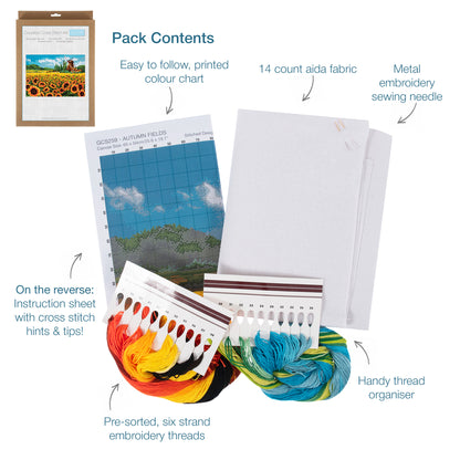 Trimits Autumn Fields cross stitch kit packaging showing the finished design