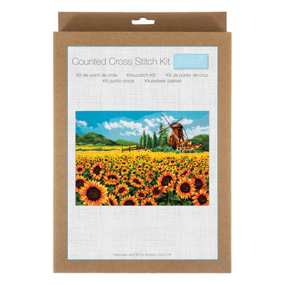 Trimits Autumn Fields cross stitch kit packaging showing the finished design