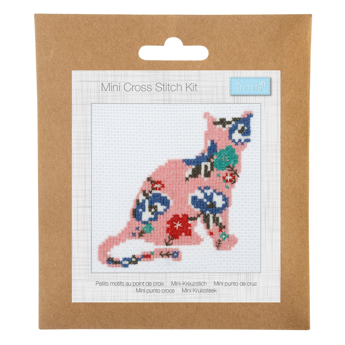 Trimits mini cross stitch kit showing a cute cat