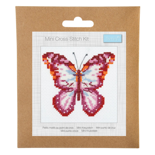 Trimits mini cross stitch kit showing a colourful butterfly