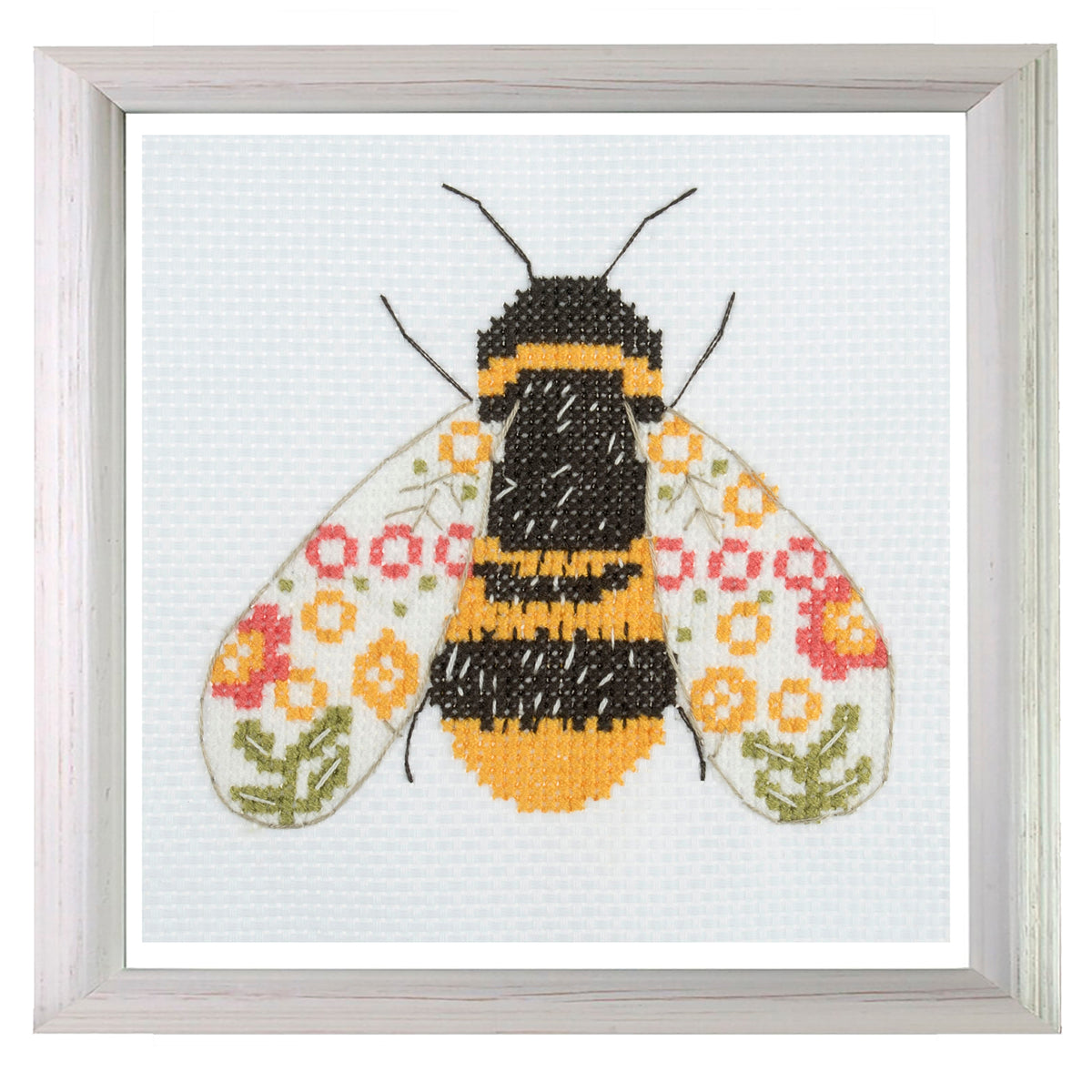 Trimits mini cross stitch kit showing a striped bumble bee