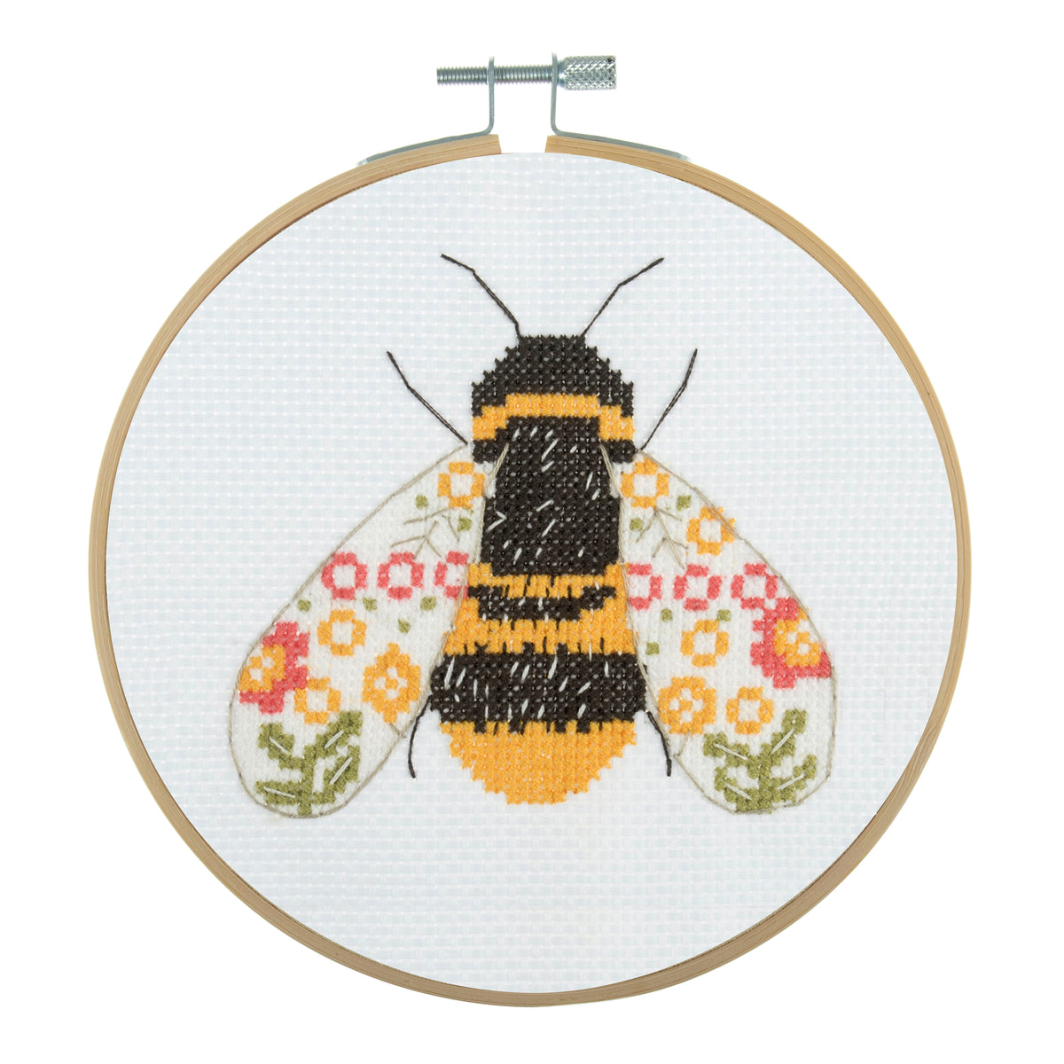 Trimits mini cross stitch kit showing a striped bumble bee