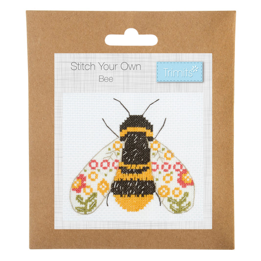 Trimits mini cross stitch kit showing a striped bumble bee