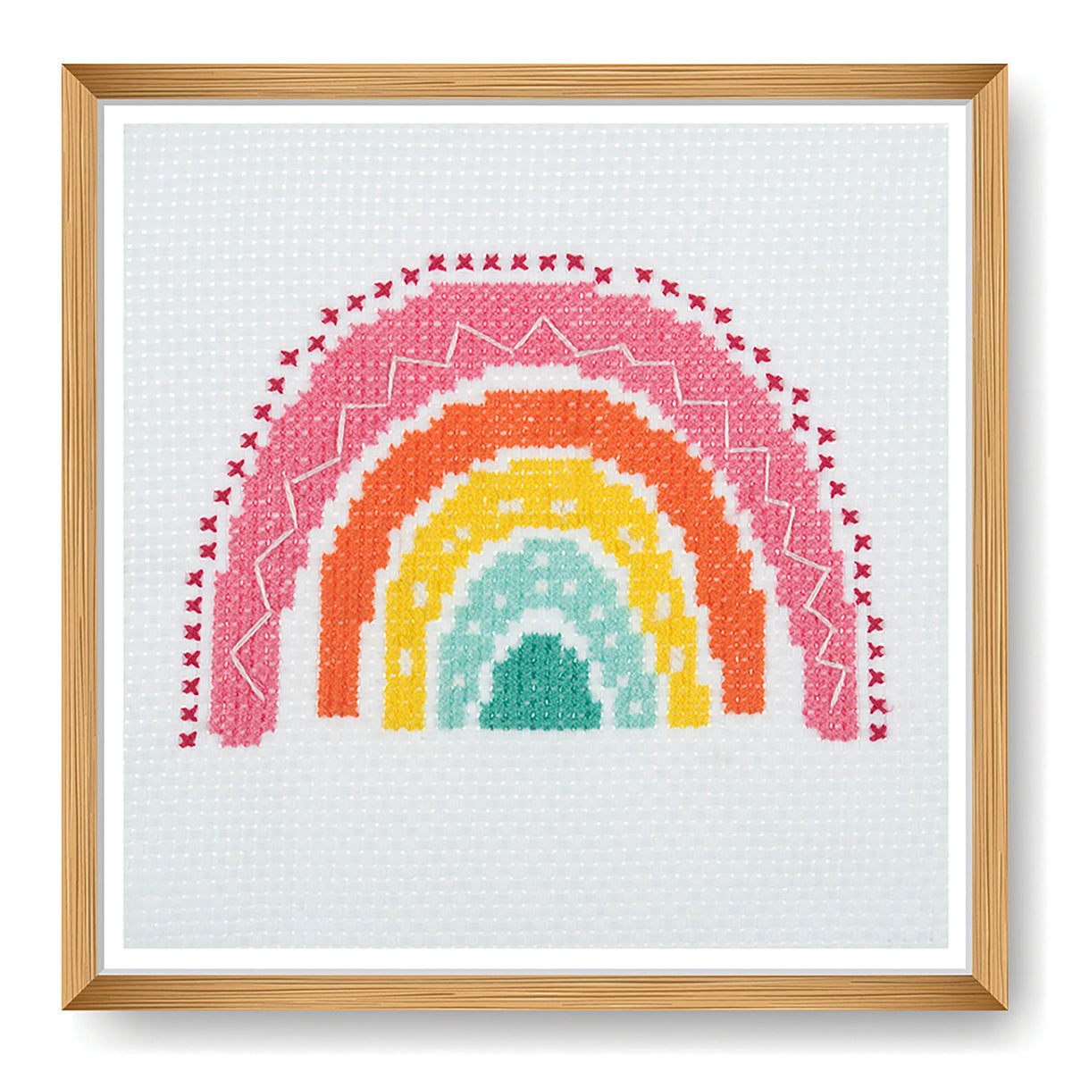 Trimits mini cross stitch kit showing a colourful rainbow