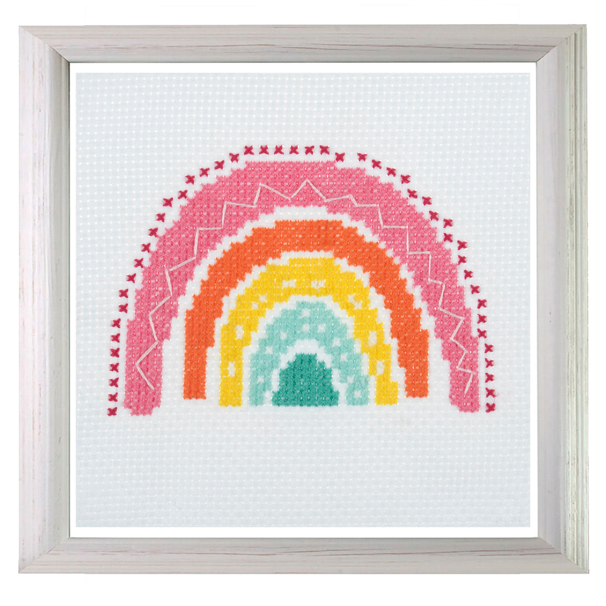 Trimits mini cross stitch kit showing a colourful rainbow