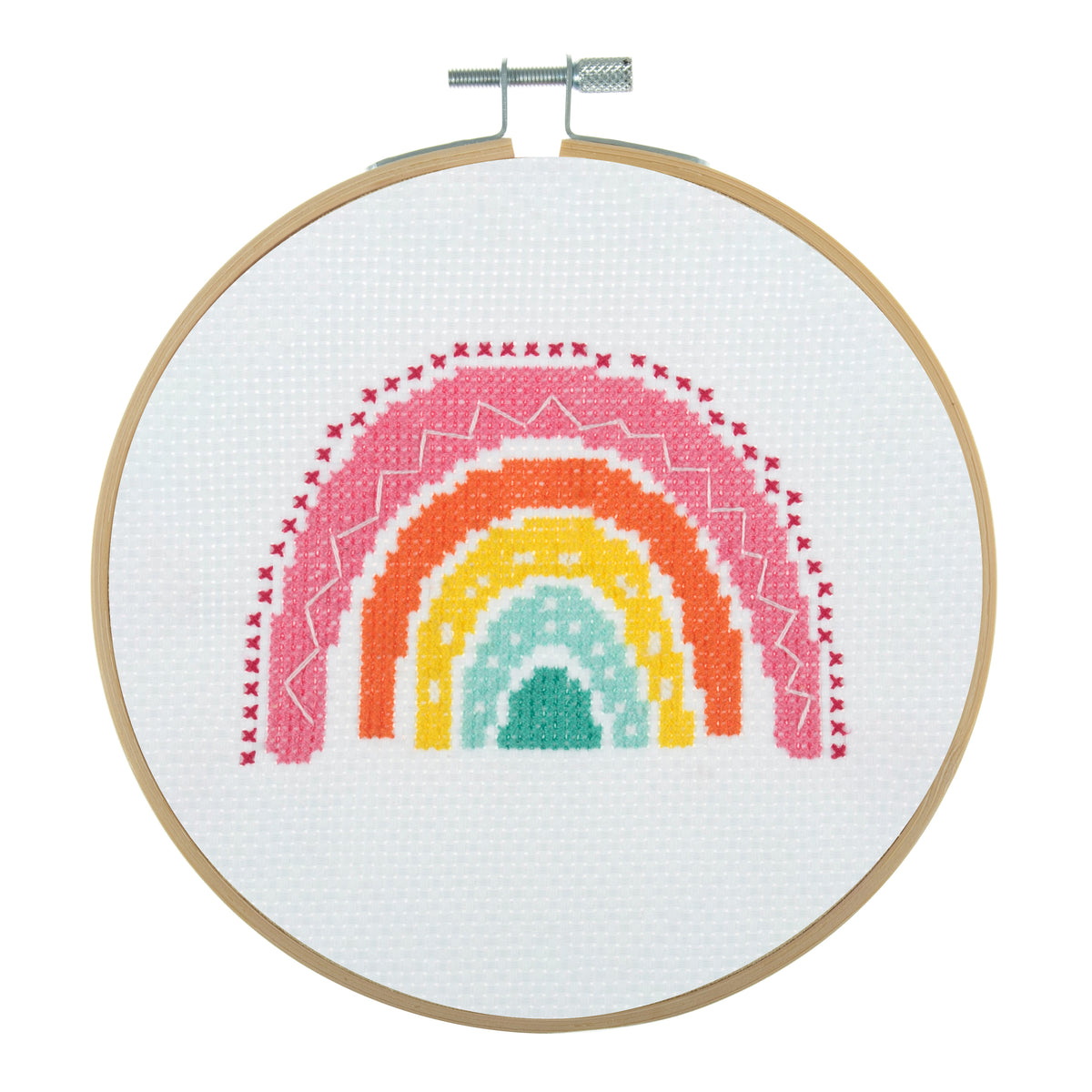 Trimits mini cross stitch kit showing a colourful rainbow
