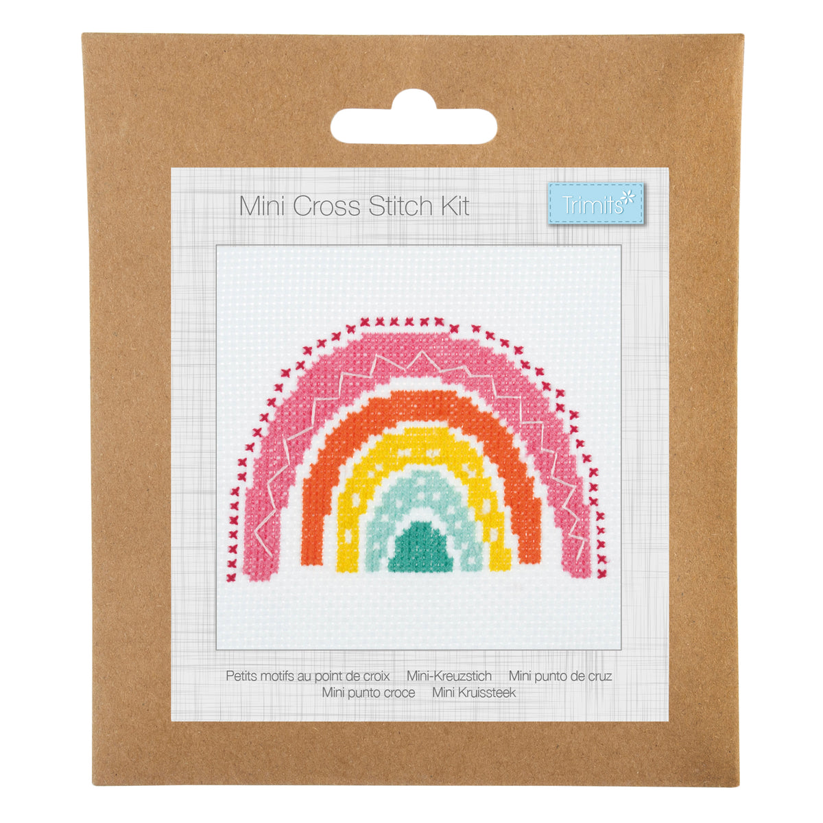 Trimits mini cross stitch kit showing a colourful rainbow