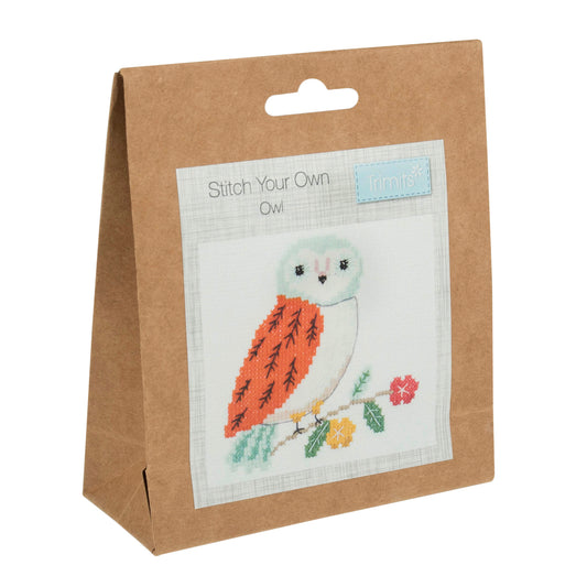 Trimits mini cross stitch kit showing a wide-eyed owl