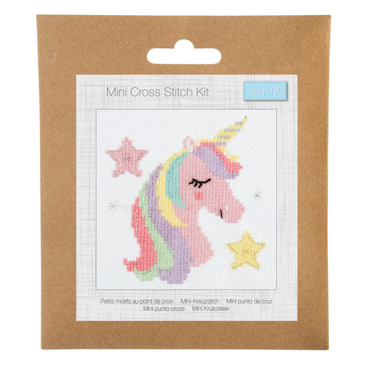 Trimits mini cross stitch kit showing a magical unicorn