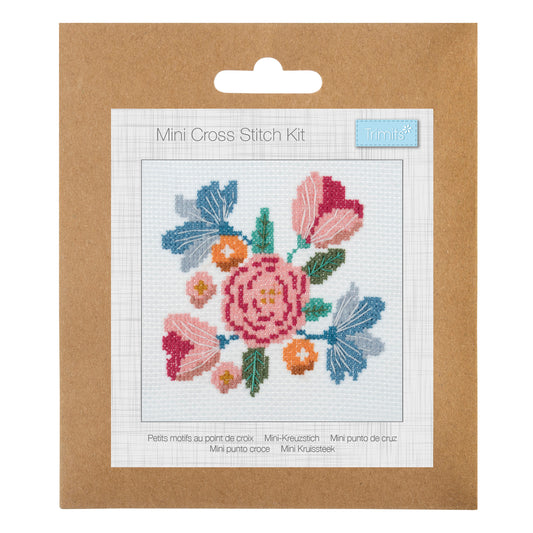 Trimits mini cross stitch kit showing a pretty floral design