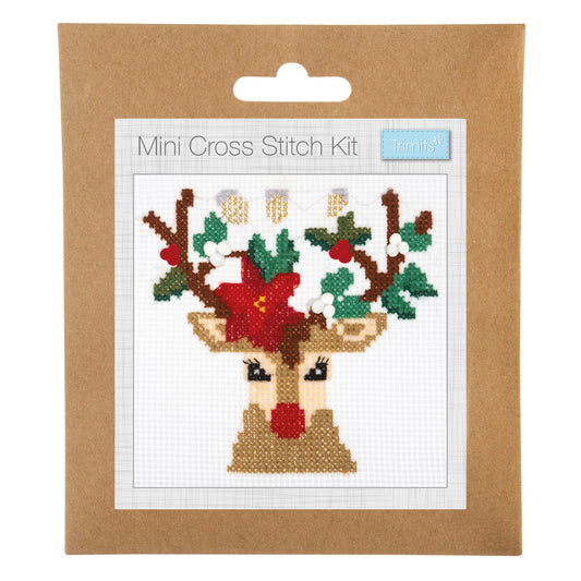 Trimits mini cross stitch kit showing a festive reindeer