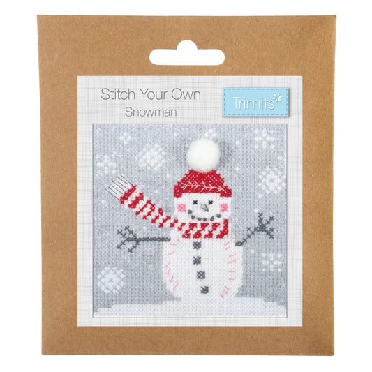Trimits mini cross stitch kit showing a cheerful snowman
