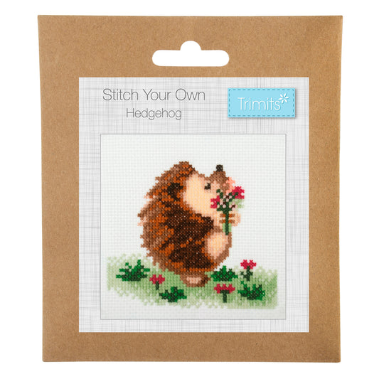Trimits mini cross stitch kit showing a little hedgehog