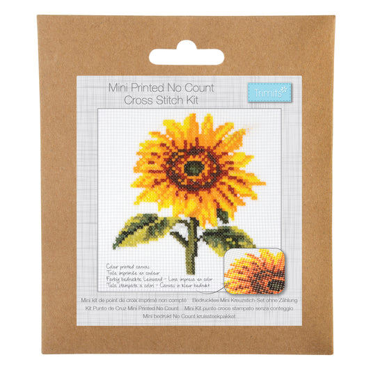 Trimits mini cross stitch kit showing a bright yellow sunflower