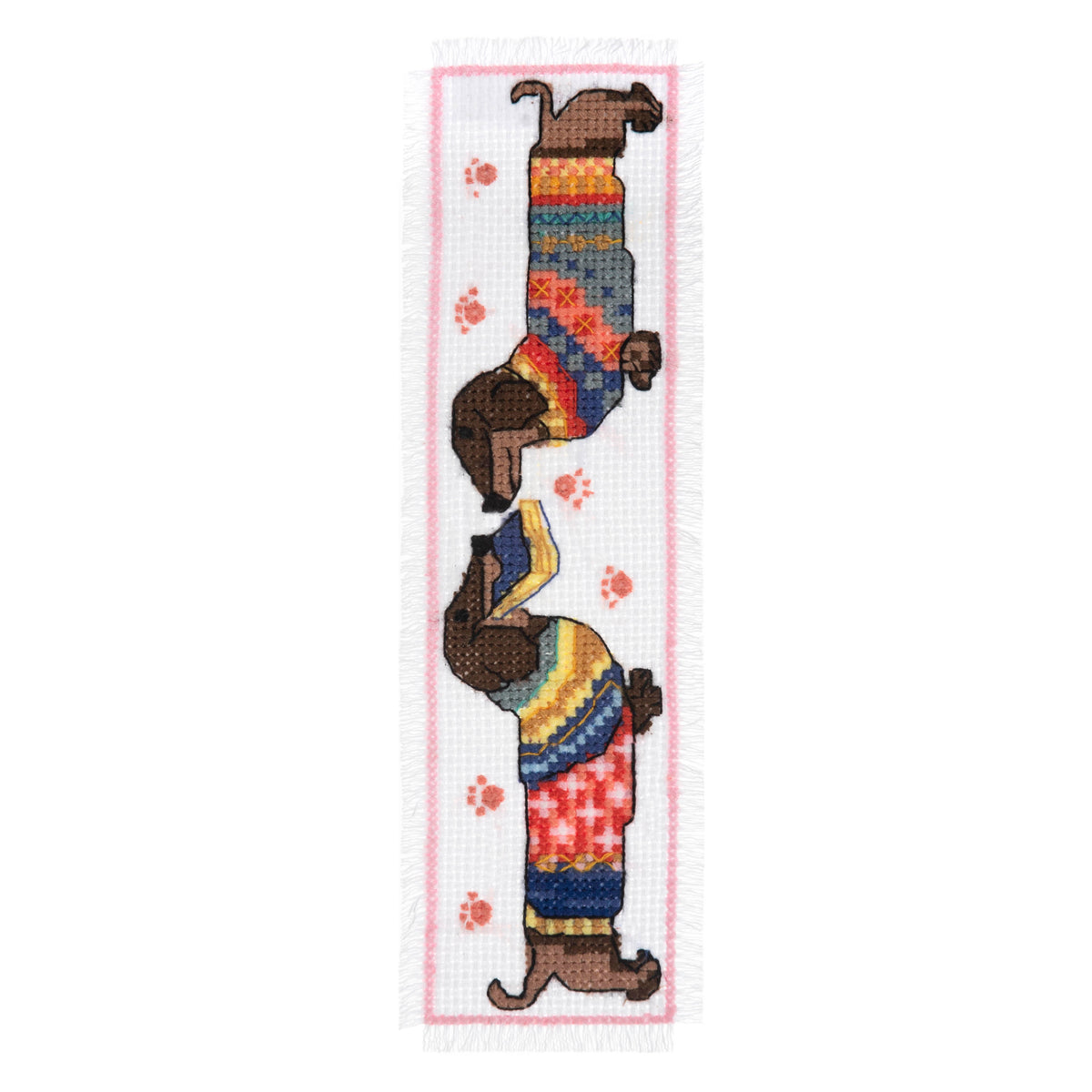 Trimits cross stitch bookmark kit showing a dachshund wearing a cosy jumper