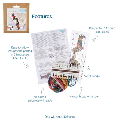 Trimits cross stitch bookmark kit showing a dachshund wearing a cosy jumper