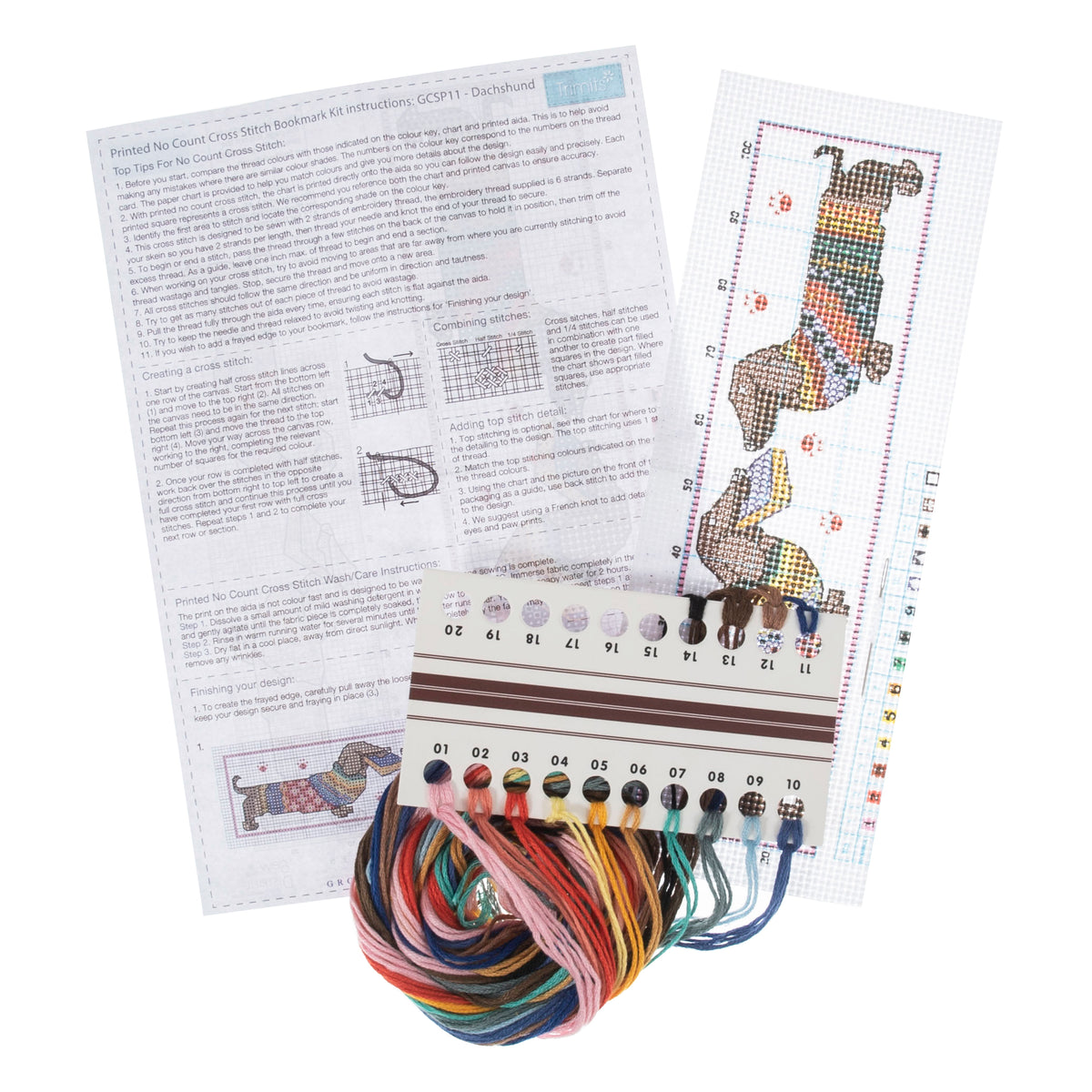 Trimits cross stitch bookmark kit showing a dachshund wearing a cosy jumper
