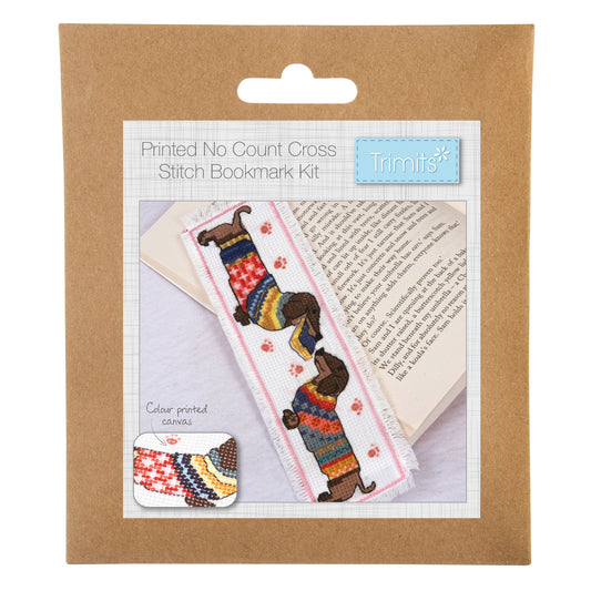 Trimits cross stitch bookmark kit showing a dachshund wearing a cosy jumper