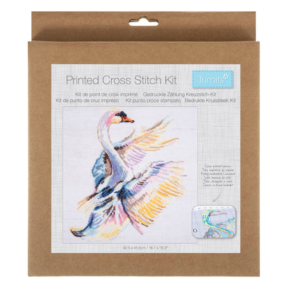 Trimits Swan cross stitch kit packaging showing the finished design