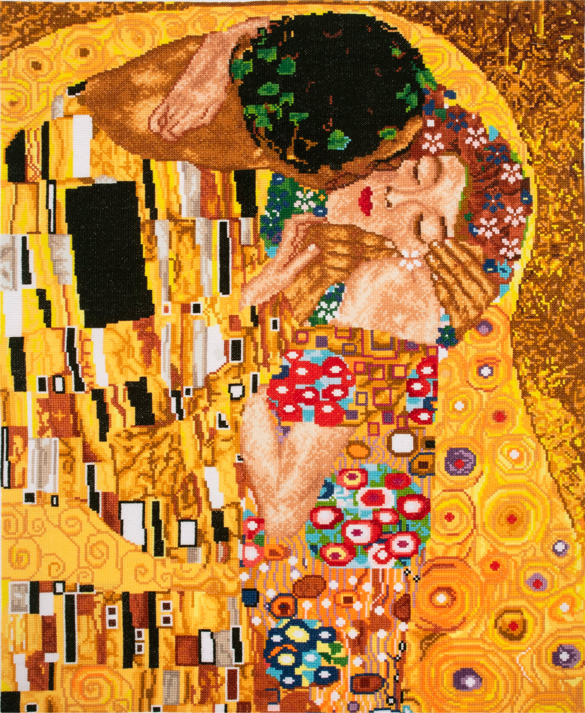 Trimits The Kiss (Klimt) cross stitch kit packaging showing the finished design
