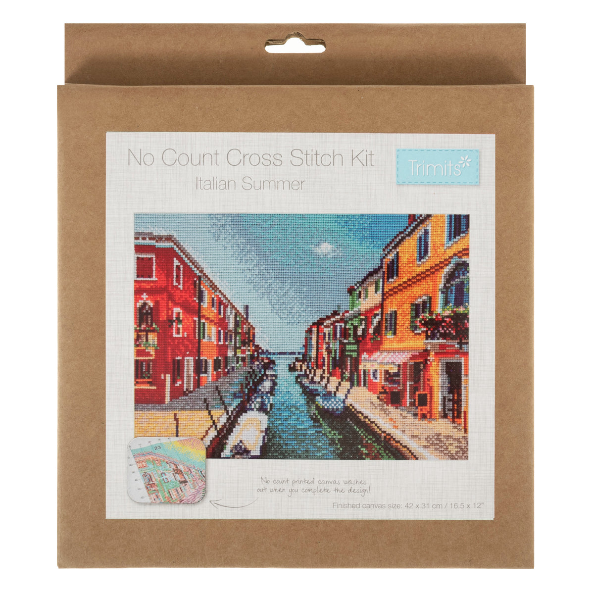 Trimits cross stitch kit showing a Italian summer scene design