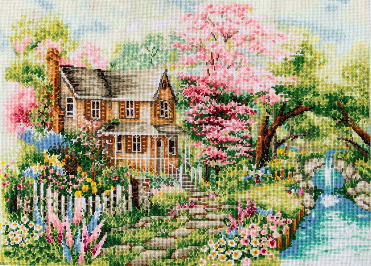 Trimits cross stitch kit showing a summer view design