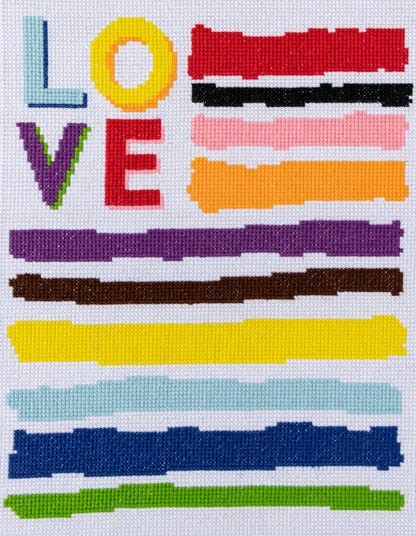 Trimits Love cross stitch kit packaging showing the finished design