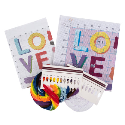 Trimits Love cross stitch kit packaging showing the finished design