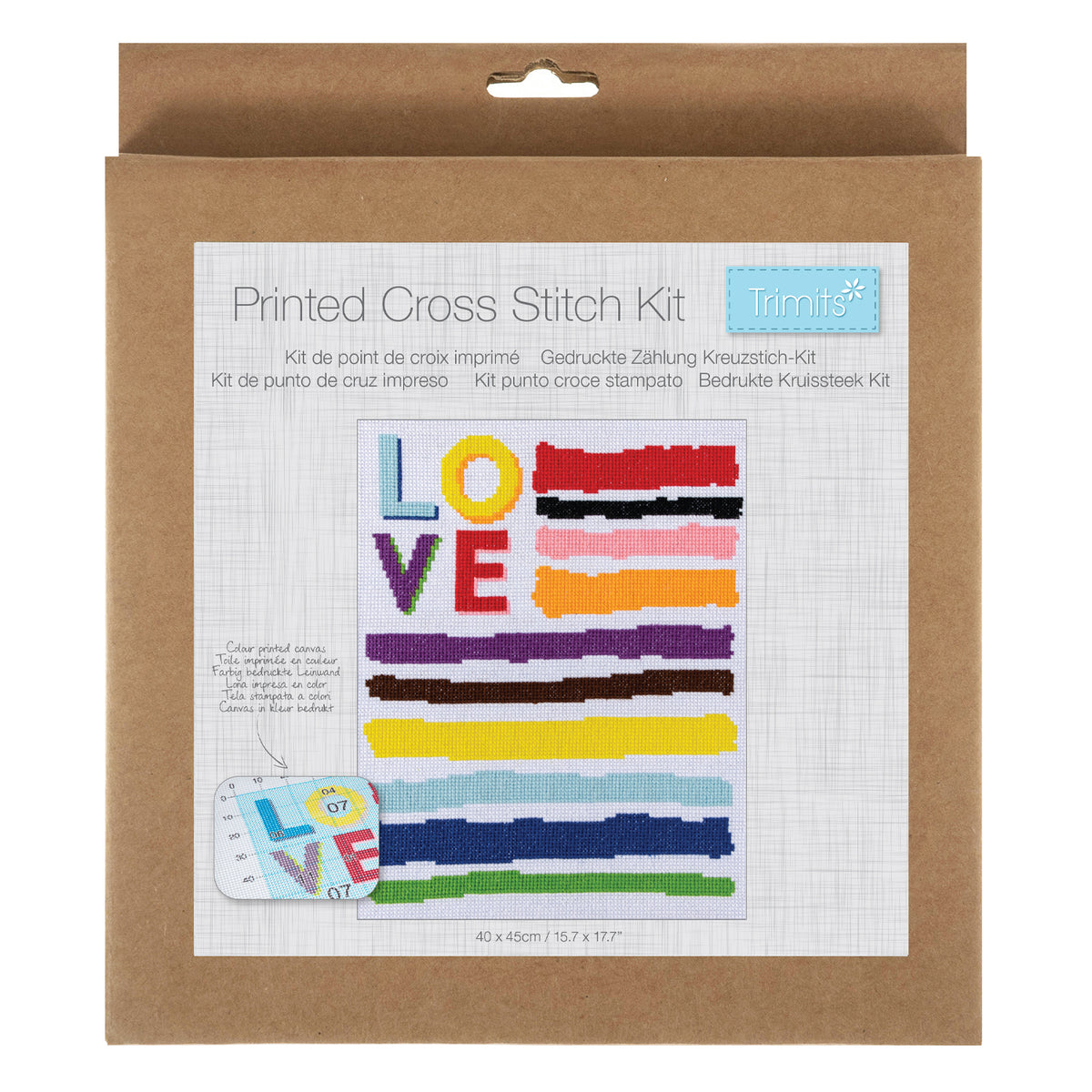 Trimits Love cross stitch kit packaging showing the finished design