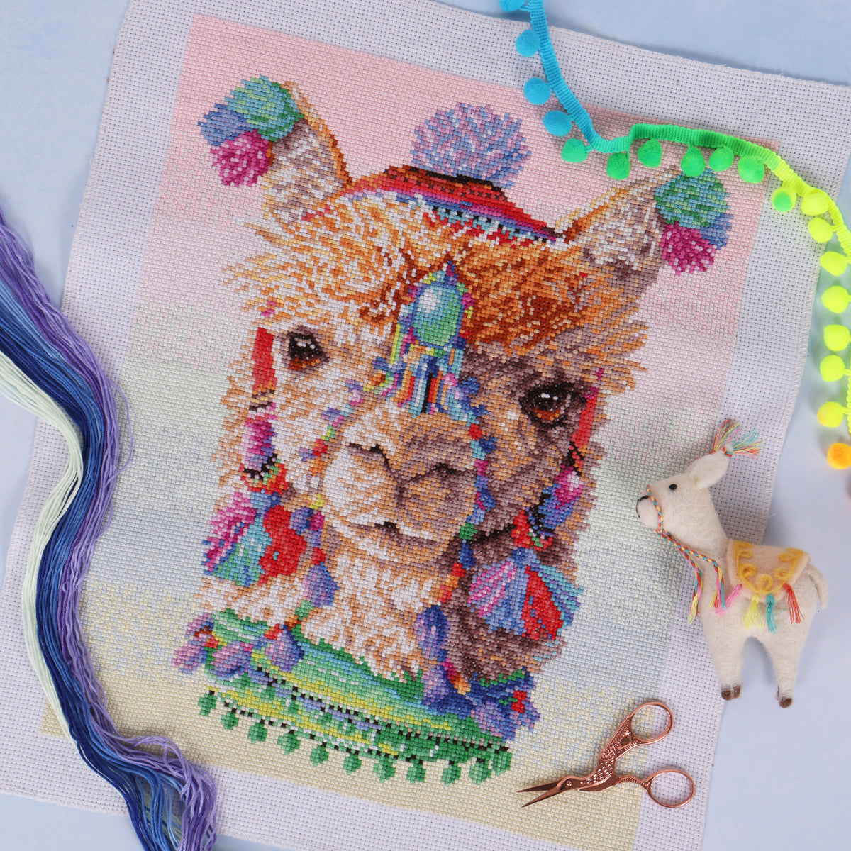 Trimits cross stitch kit showing a alpacas design